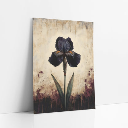 Dusk Iris Aged Ivory Vintage art print leaning against a white wall – single dark purple iris on a green stem