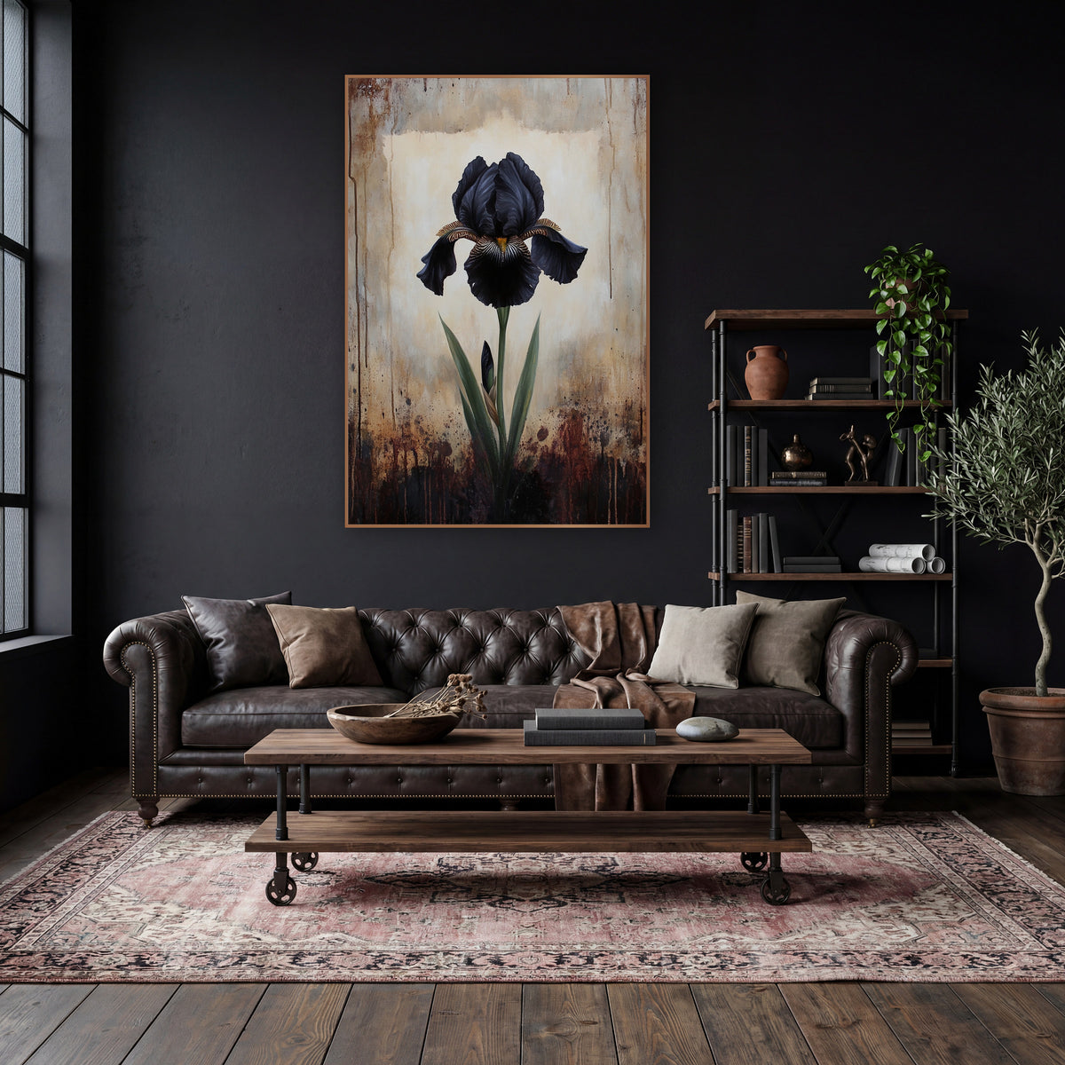 Black Iris Moody Botanical Study wall art in a moody dark academia room – single black iris with striped petals