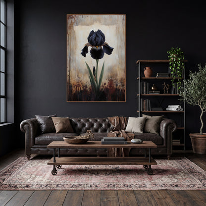 Black Iris Moody Botanical Study wall art in a moody dark academia room – single black iris with striped petals