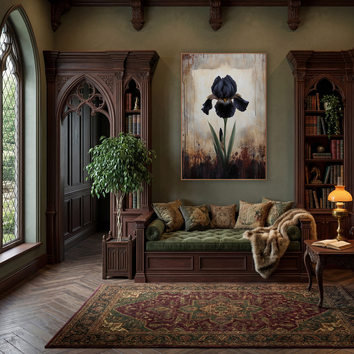 Black Iris Moody Botanical Study wall art in a moody dark academia room – single black iris with striped petals