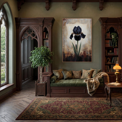 Black Iris Moody Botanical Study wall art in a moody dark academia room – single black iris with striped petals