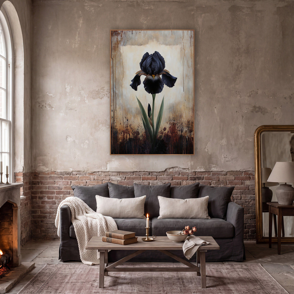 Black Iris Moody Botanical Study wall art in a moody dark academia room – single black iris with striped petals