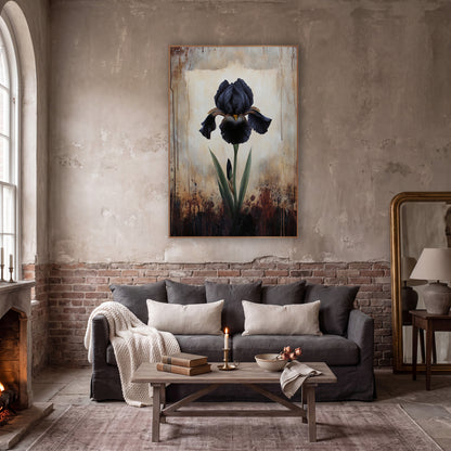 Black Iris Moody Botanical Study wall art in a moody dark academia room – single black iris with striped petals