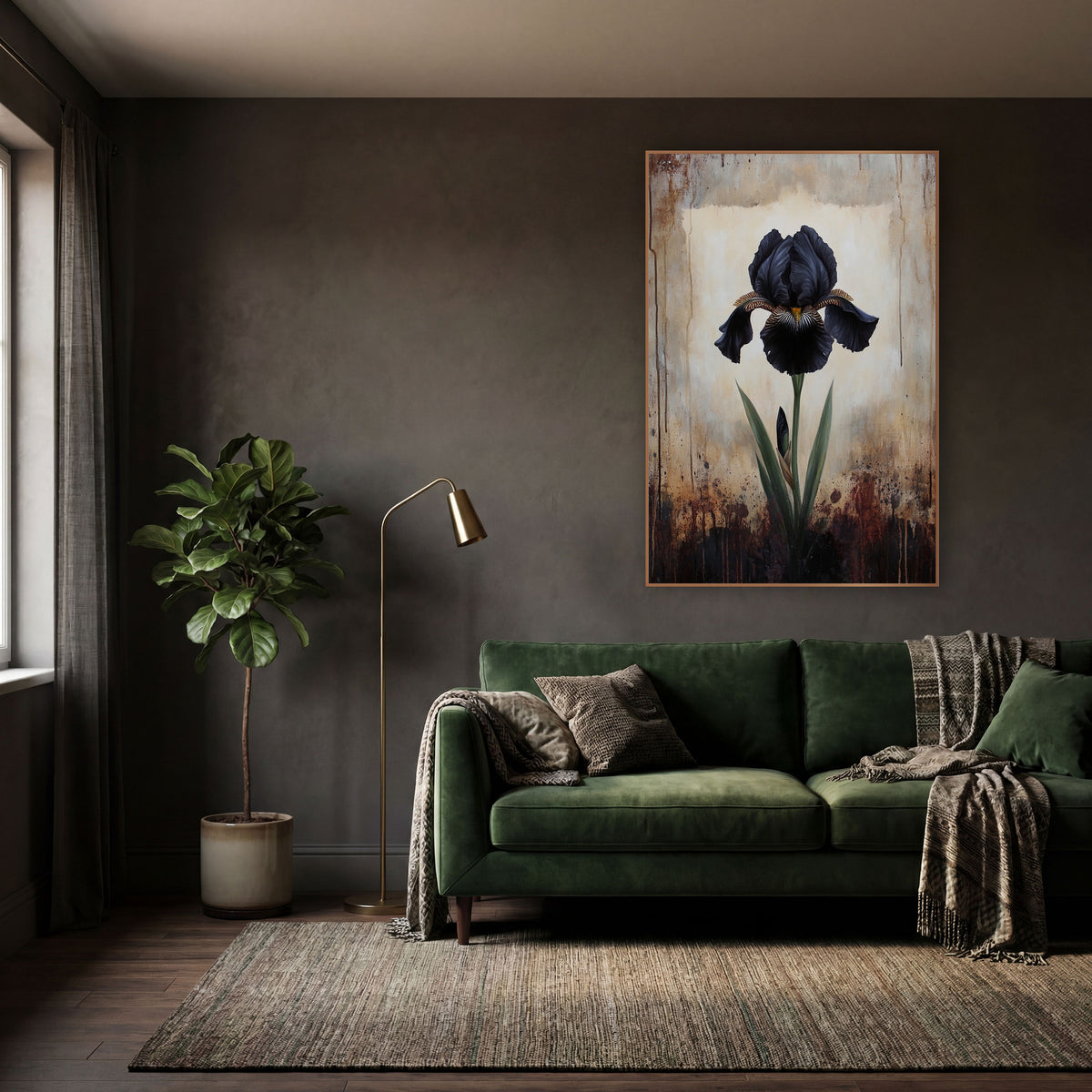 Black Iris Moody Botanical Study wall art in a moody dark academia room – single black iris with striped petals