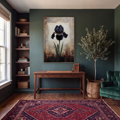 Black Iris Moody Botanical Study wall art in a moody dark academia room – single black iris with striped petals