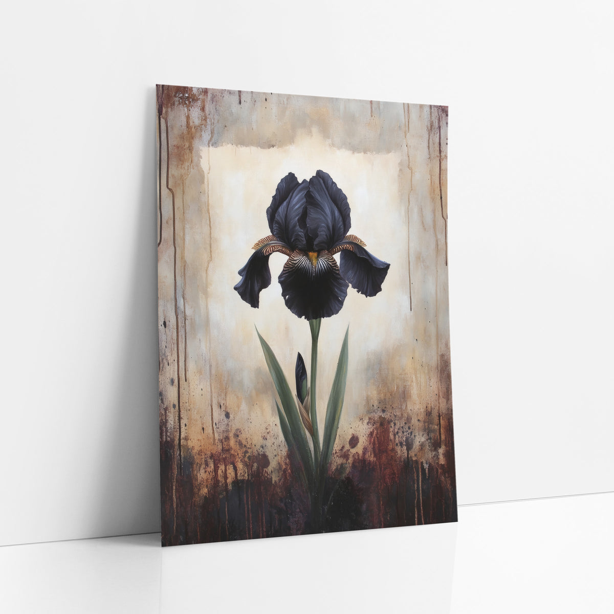 Black Iris Moody Botanical Study art print leaning against a white wall – single black iris with striped petals on a cream