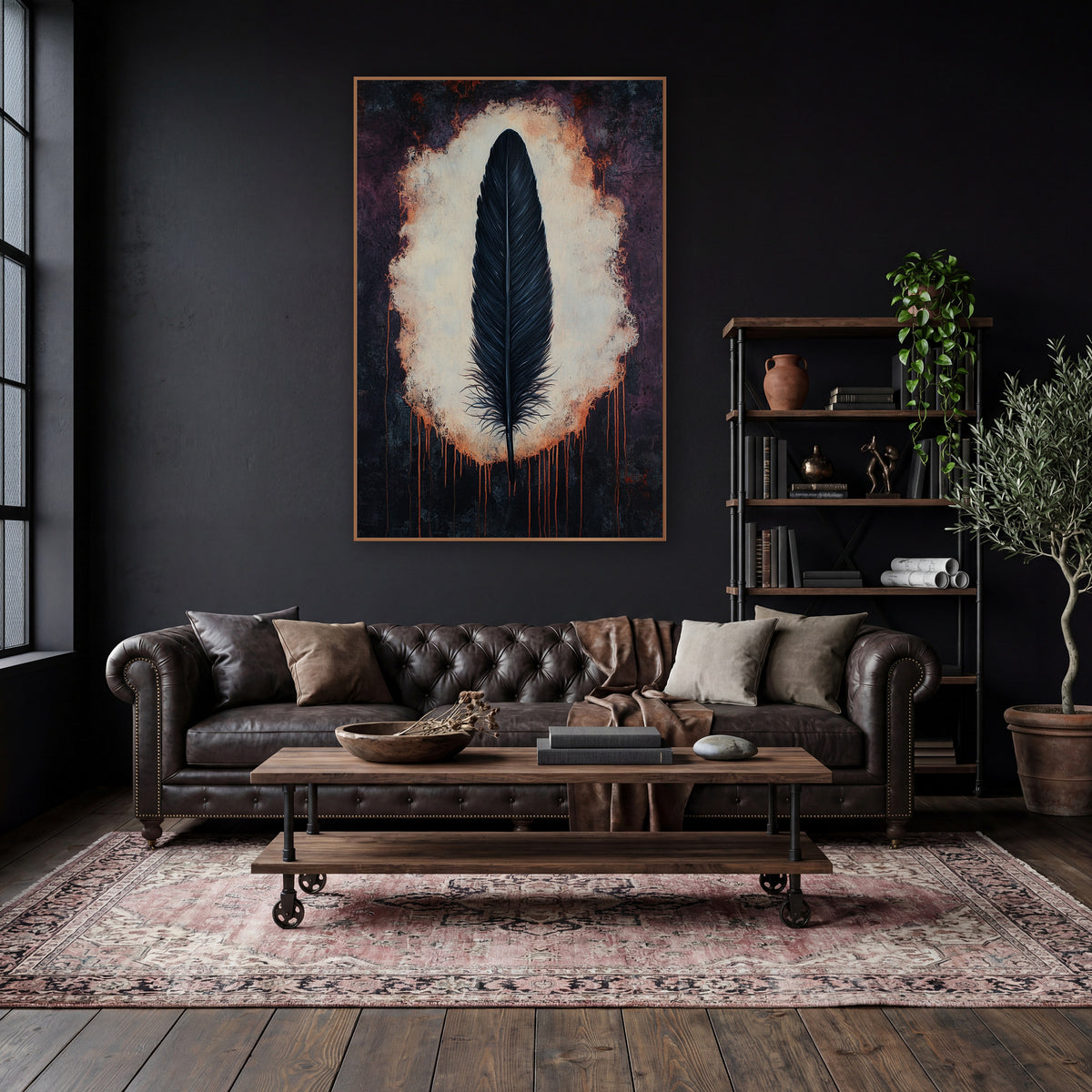 Black Feather Dark Academia Moody wall art in a moody dark academia room – single black feather upright in a glowing