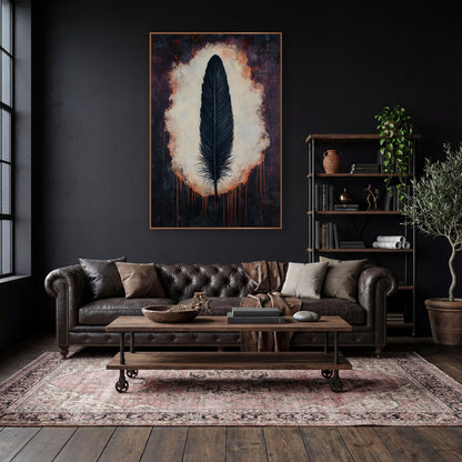 Black Feather Dark Academia Moody wall art in a moody dark academia room – single black feather upright in a glowing