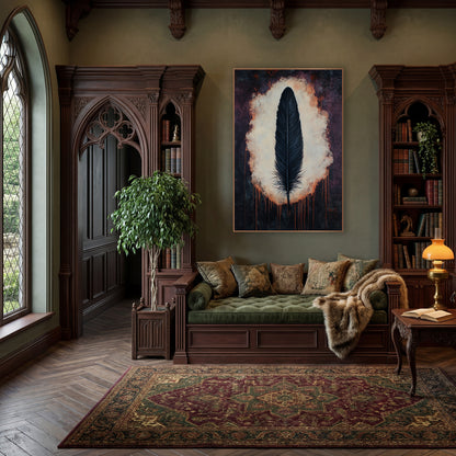 Black Feather Dark Academia Moody wall art in a moody dark academia room – single black feather upright in a glowing