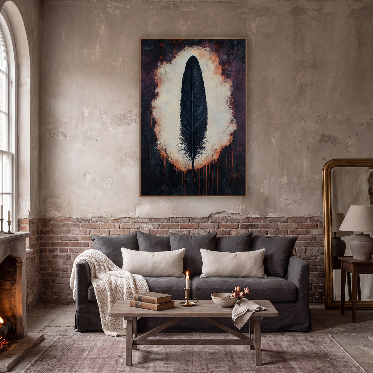 Black Feather Dark Academia Moody wall art in a moody dark academia room – single black feather upright in a glowing