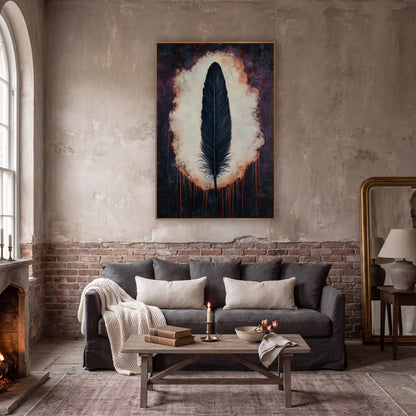 Black Feather Dark Academia Moody wall art in a moody dark academia room – single black feather upright in a glowing