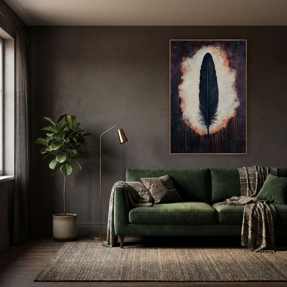 Black Feather Dark Academia Moody wall art in a moody dark academia room – single black feather upright in a glowing