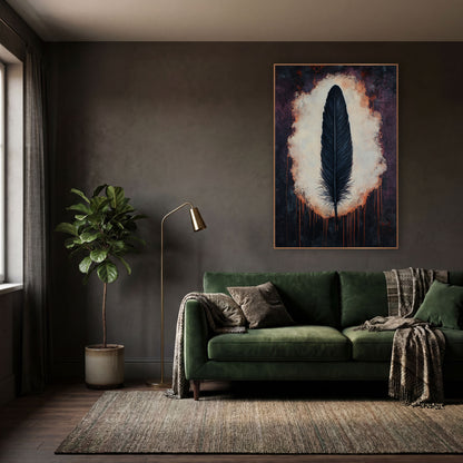 Black Feather Dark Academia Moody wall art in a moody dark academia room – single black feather upright in a glowing