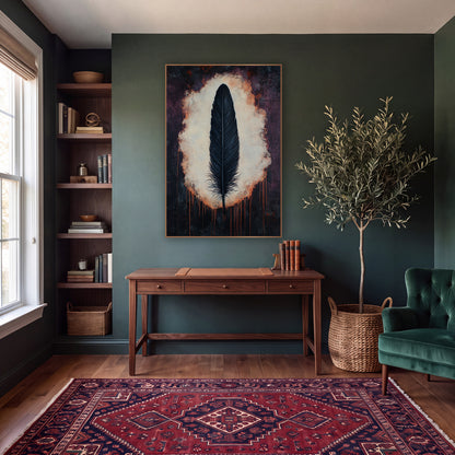 Black Feather Dark Academia Moody wall art in a moody dark academia room – single black feather upright in a glowing