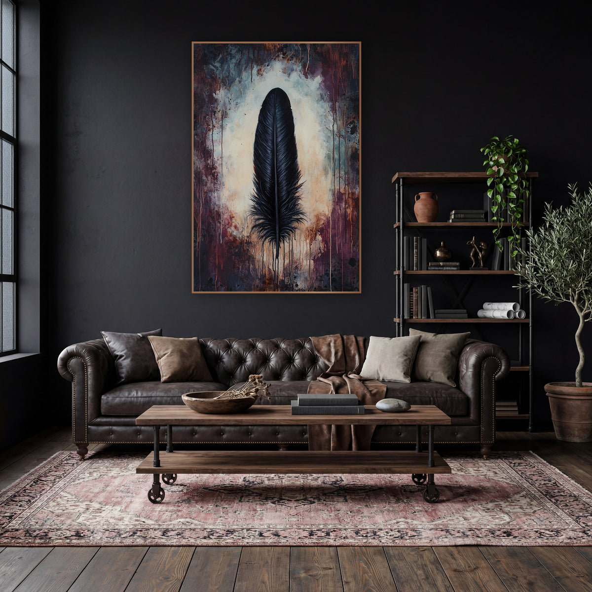 Black Feather Moody Dark Academia wall art in a moody dark academia room – single black feather upright on a pale