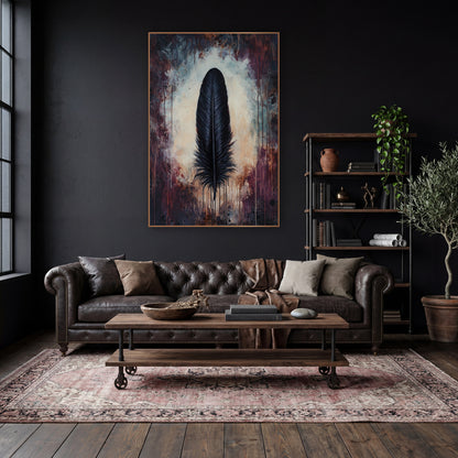 Black Feather Moody Dark Academia wall art in a moody dark academia room – single black feather upright on a pale