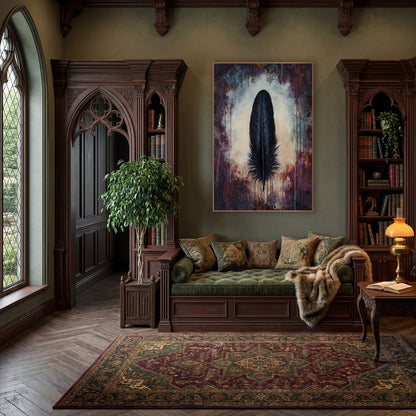 Black Feather Moody Dark Academia wall art in a moody dark academia room – single black feather upright on a pale
