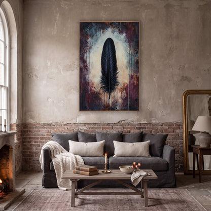 Black Feather Moody Dark Academia wall art in a moody dark academia room – single black feather upright on a pale