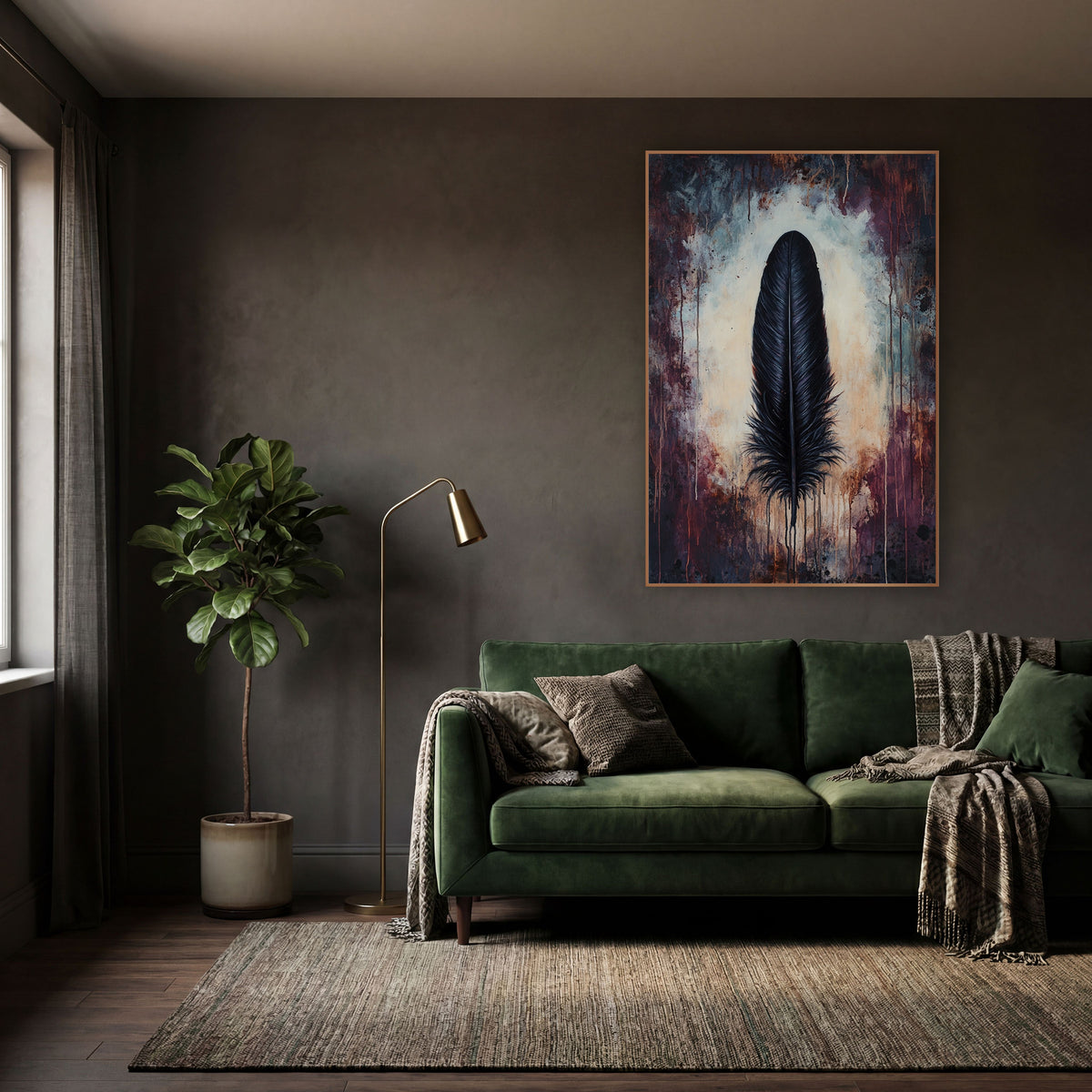 Black Feather Moody Dark Academia wall art in a moody dark academia room – single black feather upright on a pale