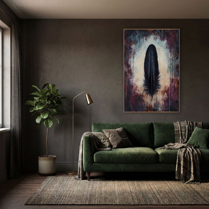Black Feather Moody Dark Academia wall art in a moody dark academia room – single black feather upright on a pale