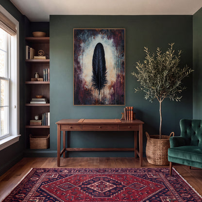Black Feather Moody Dark Academia wall art in a moody dark academia room – single black feather upright on a pale
