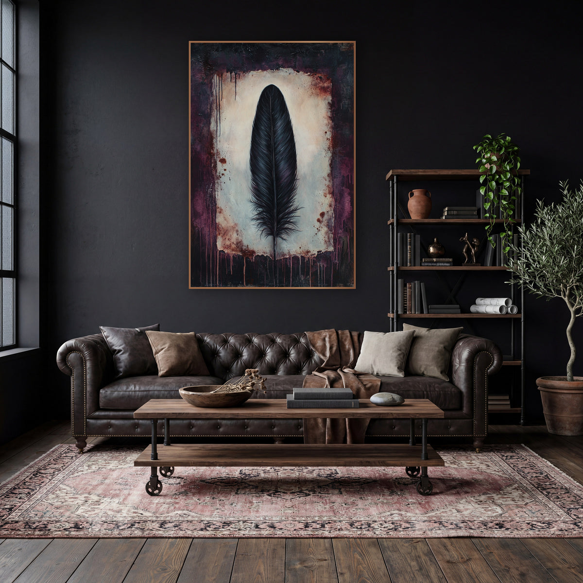 Black Feather Plum Dark Academia wall art in a moody dark academia room – single black feather on a cream panel