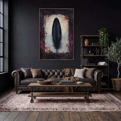 Black Feather Plum Dark Academia wall art in a moody dark academia room – single black feather on a cream panel