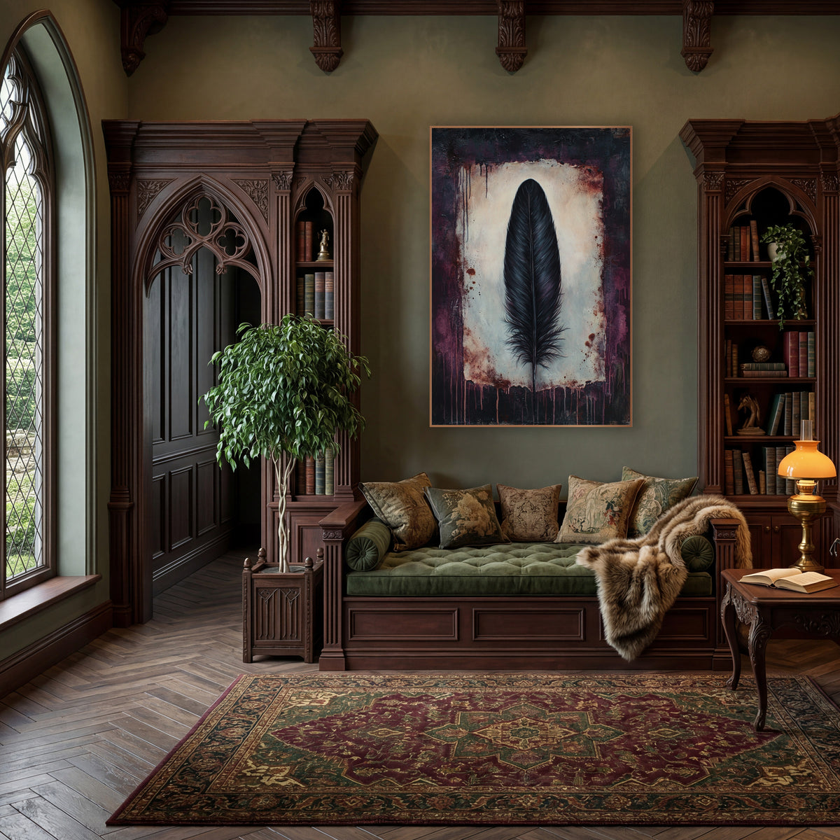 Black Feather Plum Dark Academia wall art in a moody dark academia room – single black feather on a cream panel