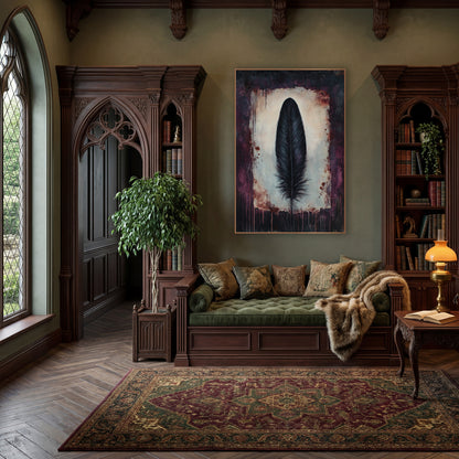 Black Feather Plum Dark Academia wall art in a moody dark academia room – single black feather on a cream panel