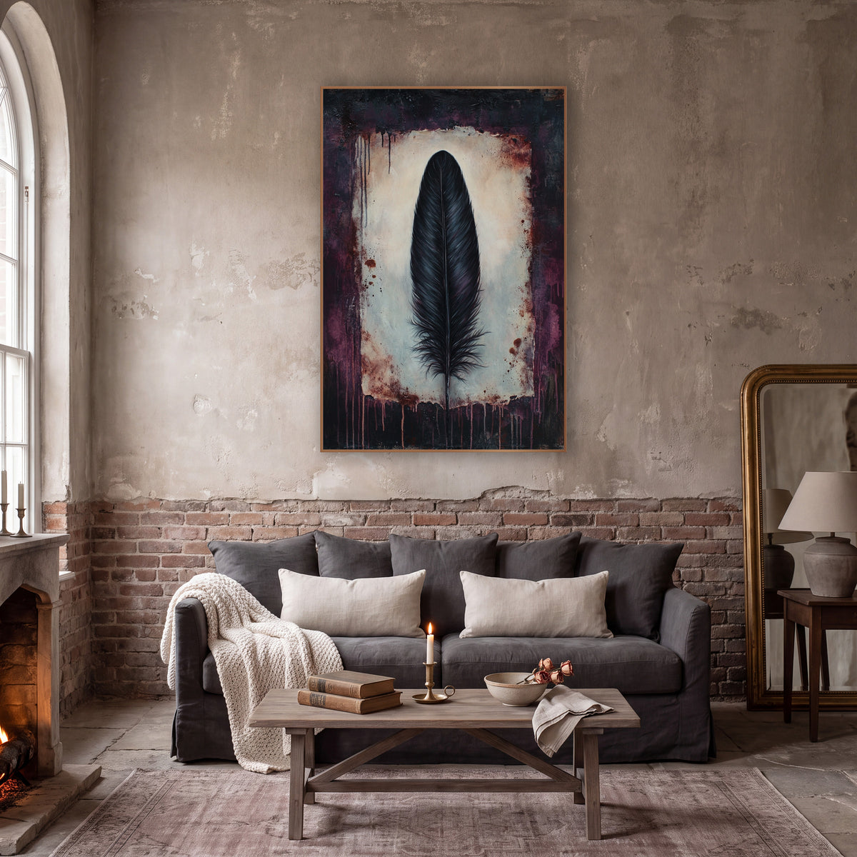 Black Feather Plum Dark Academia wall art in a moody dark academia room – single black feather on a cream panel