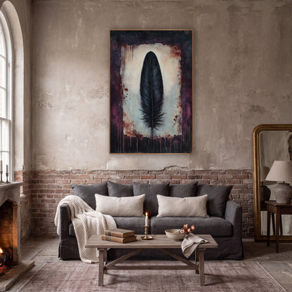 Black Feather Plum Dark Academia wall art in a moody dark academia room – single black feather on a cream panel