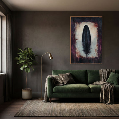Black Feather Plum Dark Academia wall art in a moody dark academia room – single black feather on a cream panel