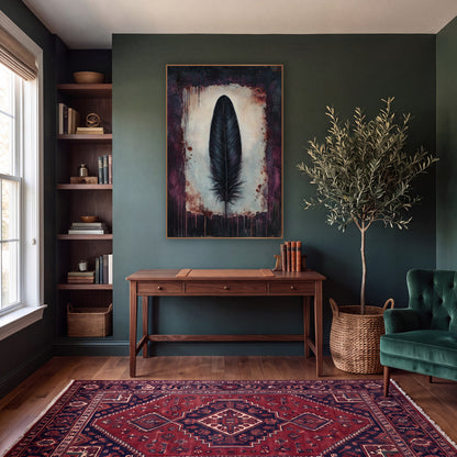 Black Feather Plum Dark Academia wall art in a moody dark academia room – single black feather on a cream panel