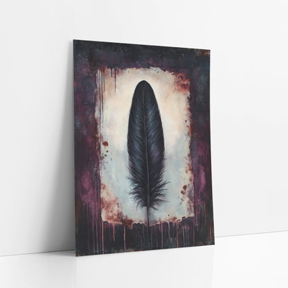 Black Feather Plum Dark Academia art print leaning against a white wall – single black feather on a cream panel with rust