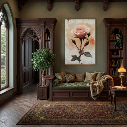 Thorned Blush Rose Buds Vintage wall art in a moody dark academia room – single blush pink rose with thorny stem