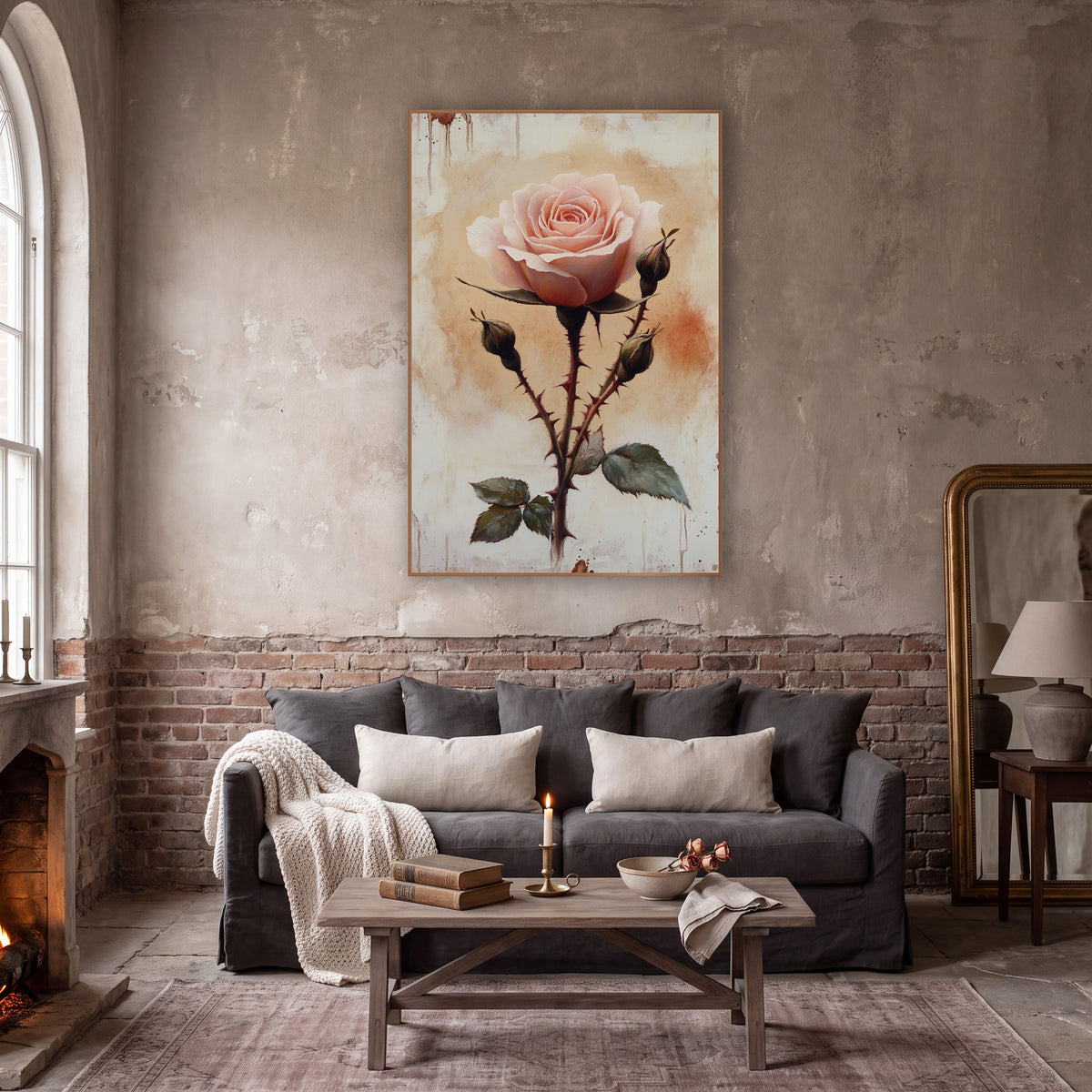 Thorned Blush Rose Buds Vintage wall art in a moody dark academia room – single blush pink rose with thorny stem