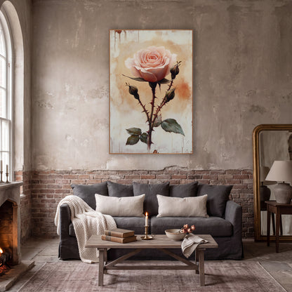 Thorned Blush Rose Buds Vintage wall art in a moody dark academia room – single blush pink rose with thorny stem