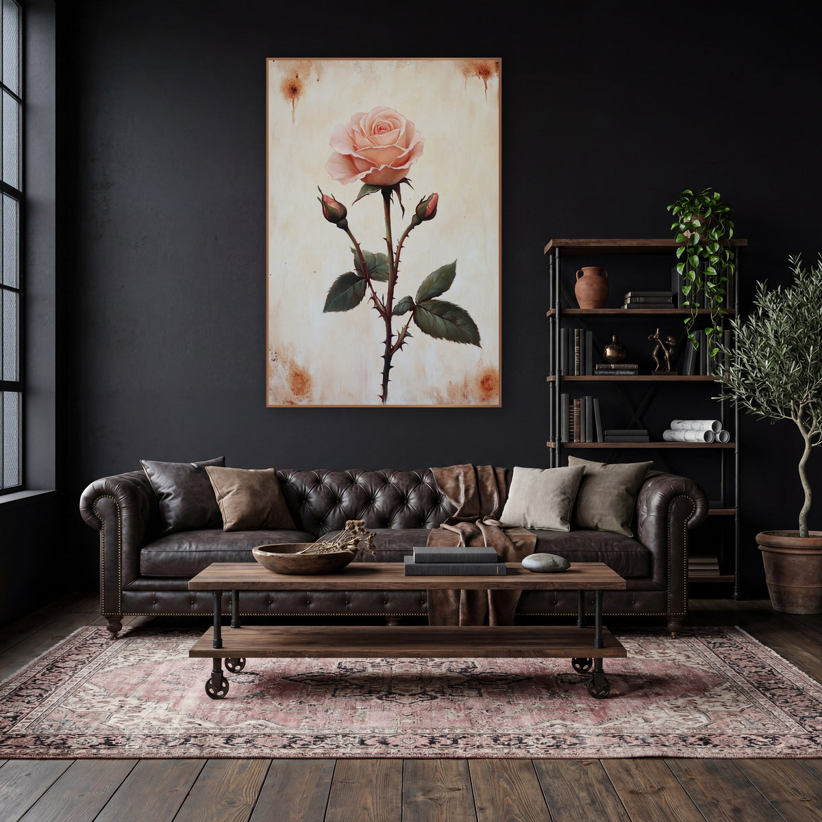 Blush Pink Rose Botanical Study wall art in a moody dark academia room – single blush pink rose with two buds