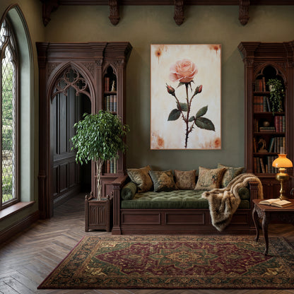 Blush Pink Rose Botanical Study wall art in a moody dark academia room – single blush pink rose with two buds