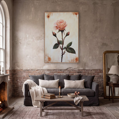 Blush Pink Rose Botanical Study wall art in a moody dark academia room – single blush pink rose with two buds