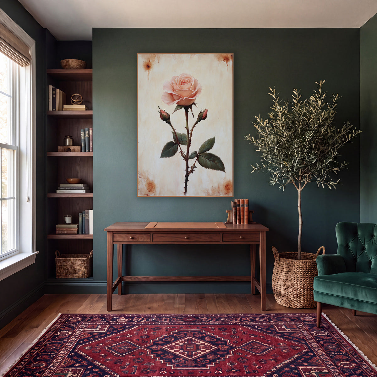 Blush Pink Rose Botanical Study wall art in a moody dark academia room – single blush pink rose with two buds