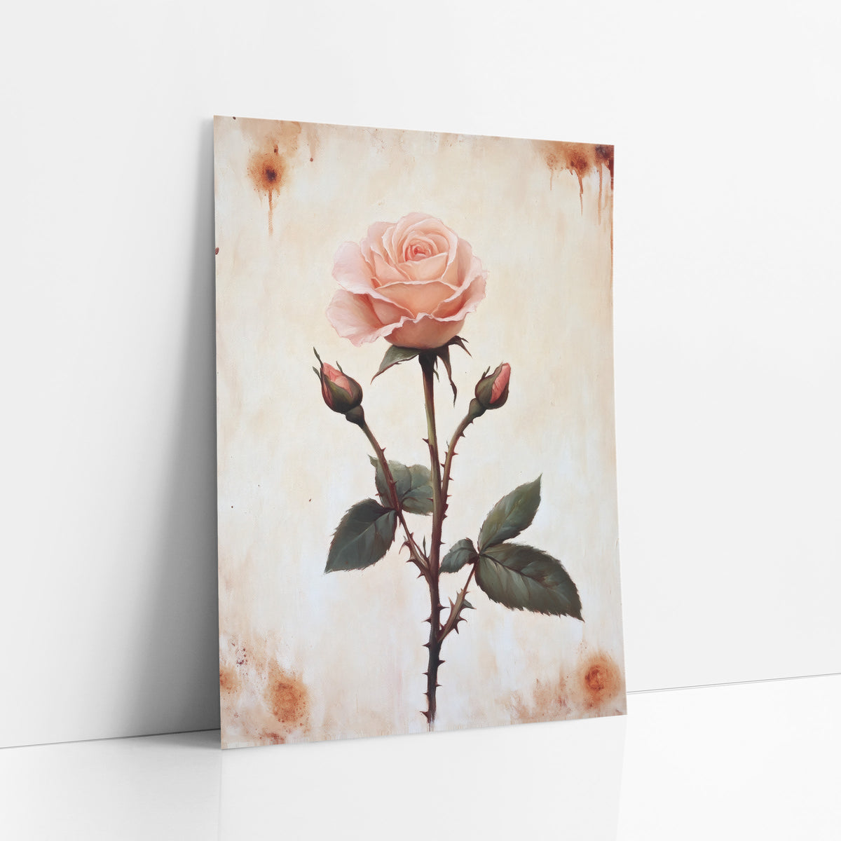 Blush Pink Rose Botanical Study art print leaning against a white wall – single blush pink rose with two buds and a thorny