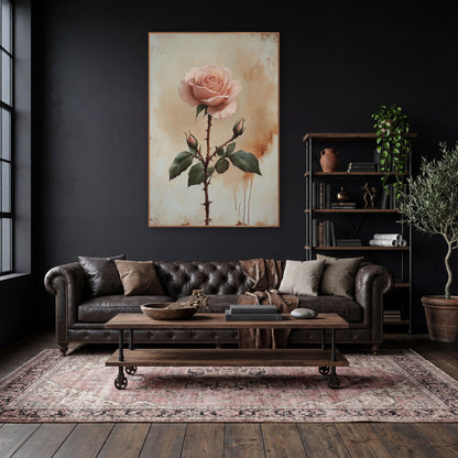 Blush Rose Thorned Stem Botanical wall art in a moody dark academia room – single blush pink rose with two buds