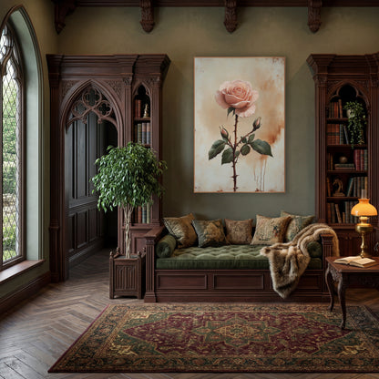 Blush Rose Thorned Stem Botanical wall art in a moody dark academia room – single blush pink rose with two buds