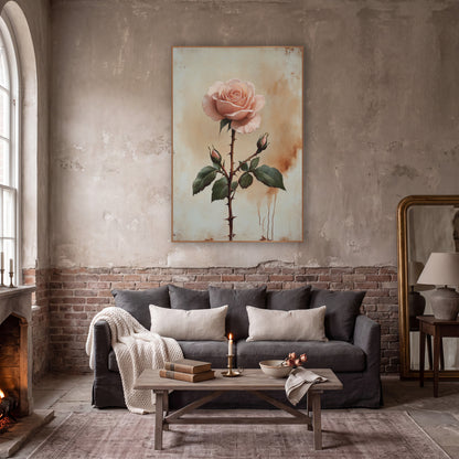 Blush Rose Thorned Stem Botanical wall art in a moody dark academia room – single blush pink rose with two buds
