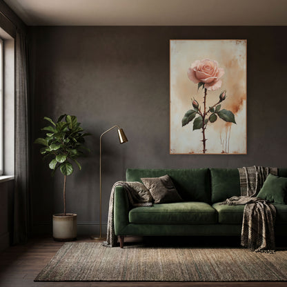 Blush Rose Thorned Stem Botanical wall art in a moody dark academia room – single blush pink rose with two buds