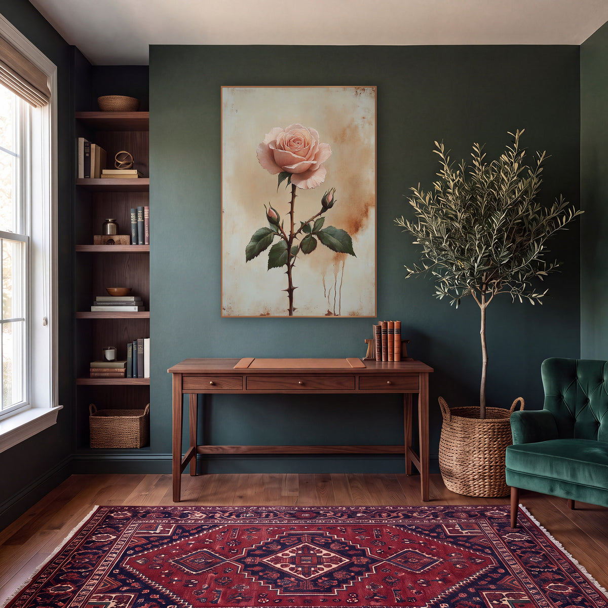 Blush Rose Thorned Stem Botanical wall art in a moody dark academia room – single blush pink rose with two buds