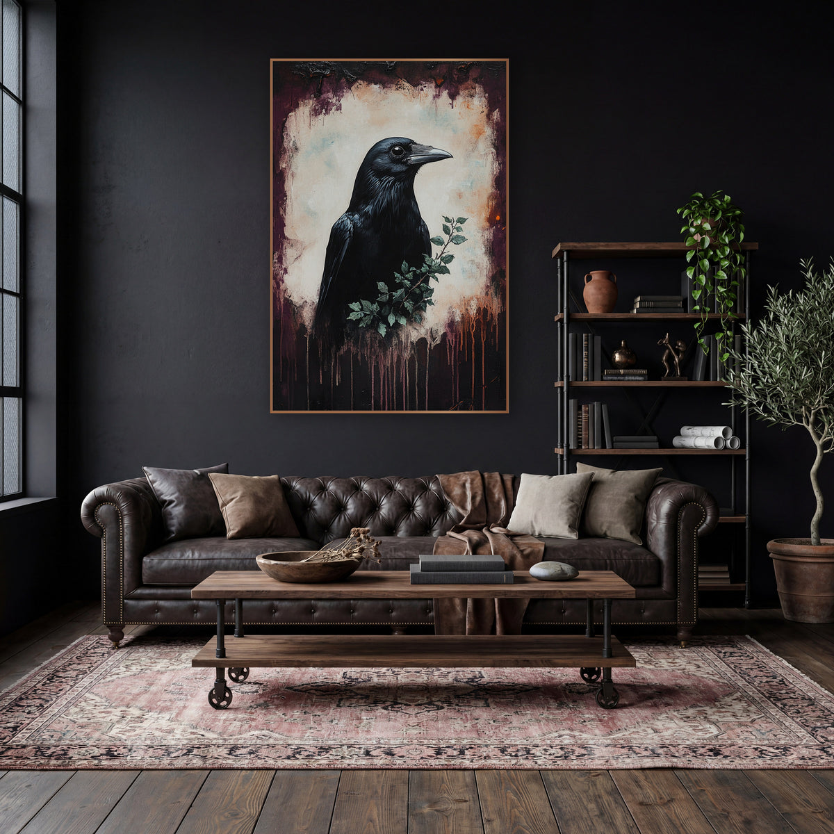 Black Crow Plum Moody Dark Academia wall art in a moody dark academia room – black crow in profile with a small green