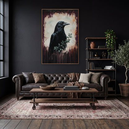 Black Crow Plum Moody Dark Academia wall art in a moody dark academia room – black crow in profile with a small green