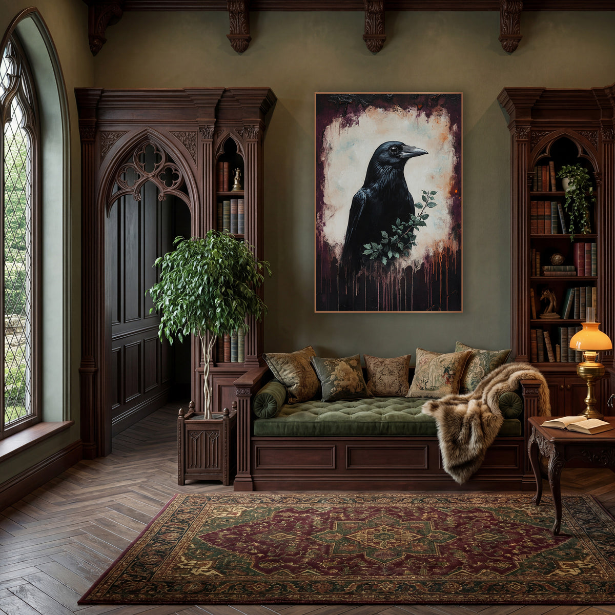 Black Crow Plum Moody Dark Academia wall art in a moody dark academia room – black crow in profile with a small green